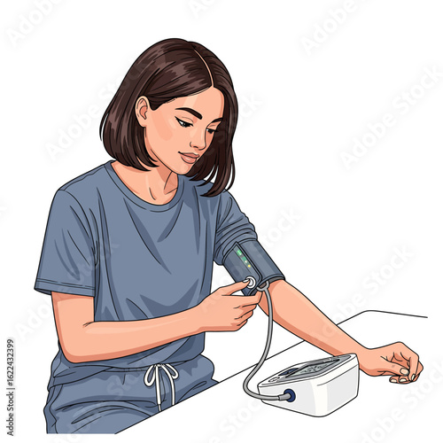 Woman checking her blood pressure monitor