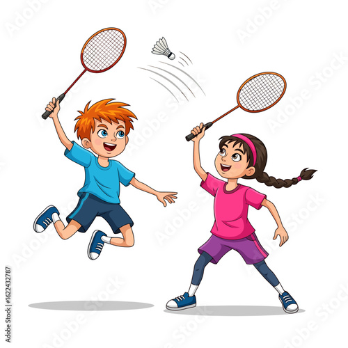 Active kids playing badminton match