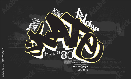 skate Graffiti style, skate on Graffiti grunge background. art graffiti slogan print, Urban typography hipster street art tees, t shirt graphics print vector design.eps8