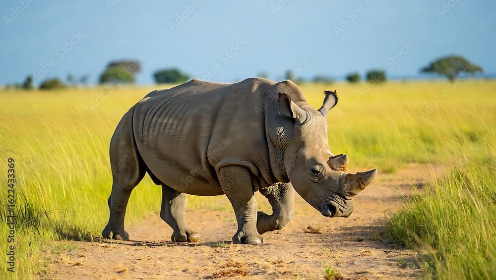 Fototapeta premium Majestic white rhinoceros walking on a dirt path in african savannah