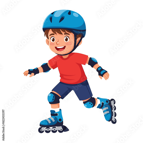 Happy boy rollerblading with helmet