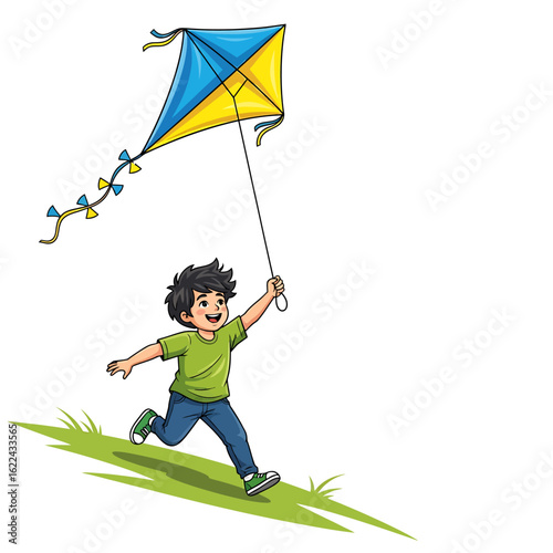 Happy child flying a kite on a hill