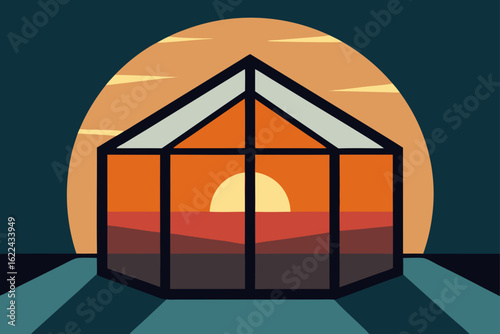 Sunset behind glass house