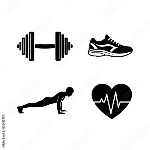 Fitness and Workout Icons Set. Gym, Push-up, Heartbeat, and Running Shoe Vector.