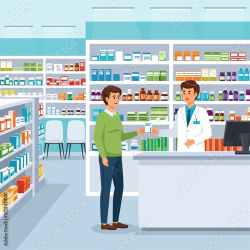 Flat vector pharmacy interior, pharmacist giving medicine to a patient, shelves with medication in background, clean healthcare theme
