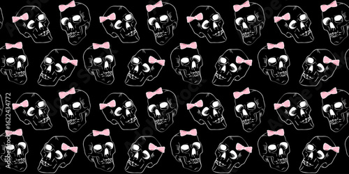 Seamless pattern with hand drawn line art skulls wearing pink bows on a black background. Stylish spooky design, girly, feminine, gothic fashion aesthetic. Halloween wallpaper, texture, print.