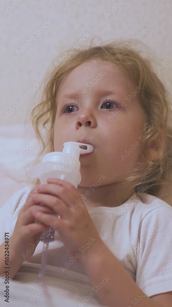 upset little blonde girl undergoes medical procedure with inhaler lying in bed with blanket in light room upset little blonde girl undergoes medical procedure with inhaler lying in bed with blanket in light room