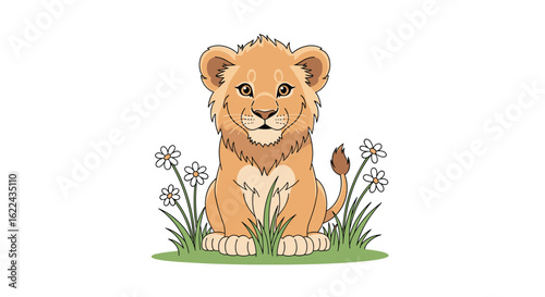 Adorable pixel art lion cub sitting in grassy field with subtle background elements