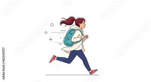 Energetic young student rushing to school with a backpack animated character illustration