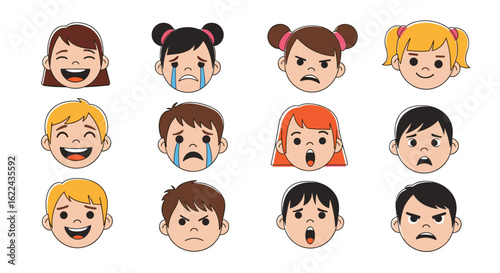 A collection of diverse childrens faces expressing a wide range of human emotions and feelings clearly depicted in this illustration