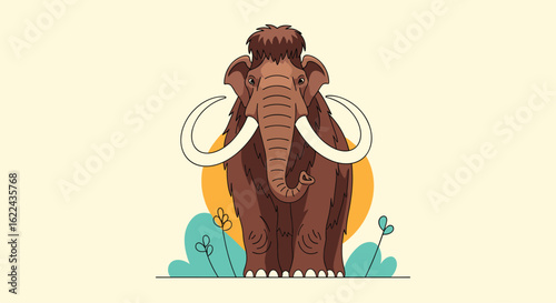 Prehistoric mammal illustration showing woolly mammoth standing tall under the sun with lush greenery surrounding it