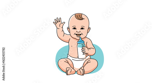 Cute baby waving hello and drinking milk from a bottle sitting comfortably