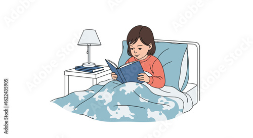 A young woman enjoys reading a captivating book in bed under the warm glow of a bedside lamp as she prepares for a peaceful night's sleep