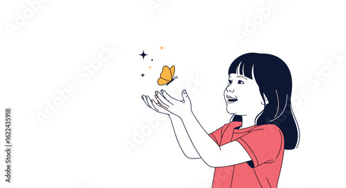 Young girl happily tosses a shiny golden object into the air surrounded by sparkling stars illustration