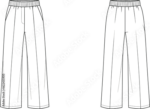 Straight leg pants flat sketch, elastic waistband design, front and back view, technical fashion drawing, casual trousers clothing template
