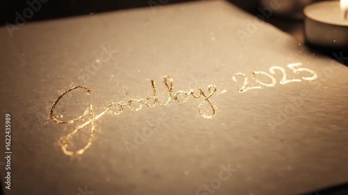 Goodbye 2025 Written Elegantly in Calligraphy with Sparkling Effects on Paper Surface at Night