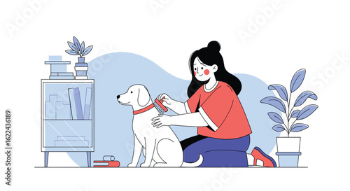 A caring person grooming a fluffy white dog with a brush indoors surrounded by plants and home decor items