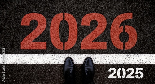  Man in formal shoes standing on road marking from 2025 to 2026 for New Year concept, goal setting blogs, business websites, motivation posters, and time transition graphics