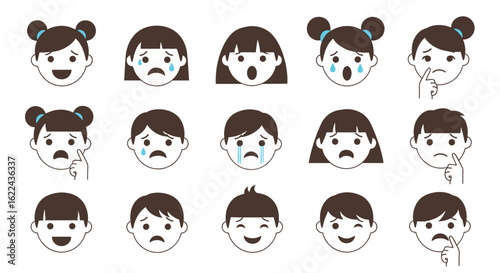 A collection of diverse childrens faces expressing various emotions through pixel art style illustrations
