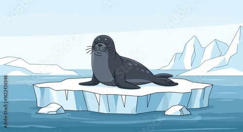 Arctic seal relaxing on a small ice floe in a cold blue ocean water with snow covered mountains in the background