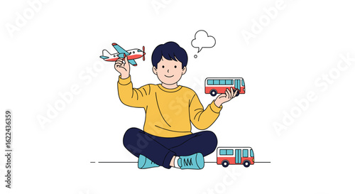 Childhood joy playing with toy vehicles imagining adventures and travel experiences