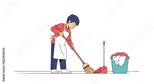 A person wearing an apron and blue pants diligently sweeps the floor with a broom and dustpan collecting debris into a bucket of cleaning supplies