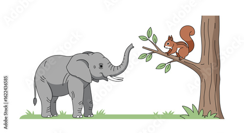 An amusing scene featuring a gentle giant elephant and a playful squirrel in a verdant forest setting