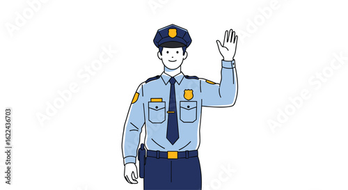 Illustration of a friendly police officer giving a wave and a smile while on duty