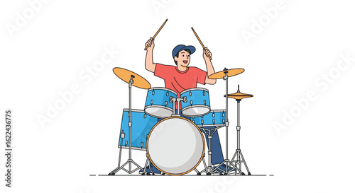 Energetic musician playing a drum kit with enthusiasm and skill