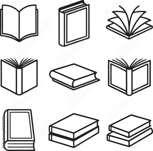 Collection of book line art icons for education and knowledge
