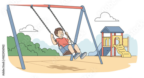 A young boy enjoys a sunny afternoon swinging high on a playground swing set with a colorful play structure in the background on a bright day with fluffy clouds in the sky