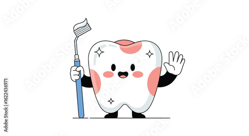 A cute cartoon tooth character holding a toothbrush with a friendly wave and smiling face illustration