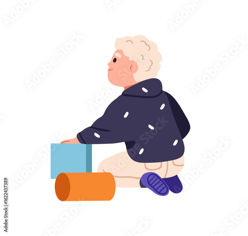 Kid boy playing with toys, sitting on floor with building blocks. Happy cute preschool kindergarten child, toddler, smiling little preschooler. Flat vector illustration isolated on white background