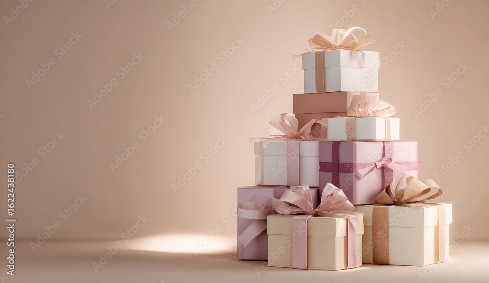 Obraz premium Stack of pastel-colored gift boxes, tied with ribbons