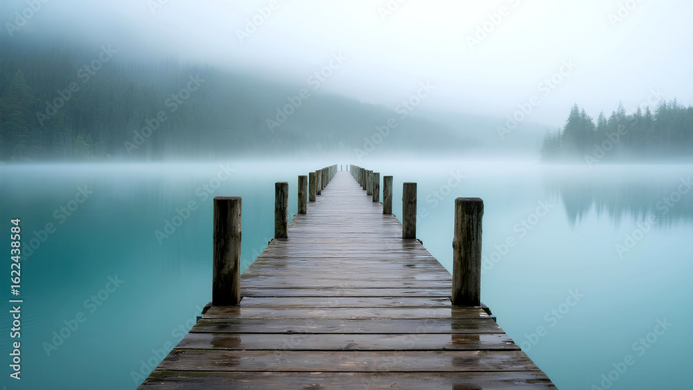 Fototapeta premium Wooden Pier Extending into Misty Teal Lake, Calm Waterscape with Fog, Reflection, and Turquoise Haze, Serene Travel Destination, Peaceful Shore, Moody Nature, Meditation, Escape, Quiet Solitude