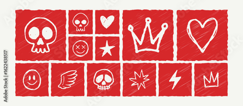 Grunge punk rock elements set, hand drawn style skulls, hearts, wings, and crowns