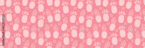 Pineapples Vector Seamless Banner Pattern. Bright Pink Summer Fruit Background. Vector Illustration
