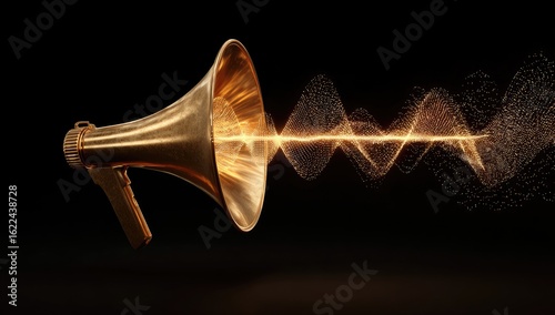 Antique brass megaphone emits golden sound waves