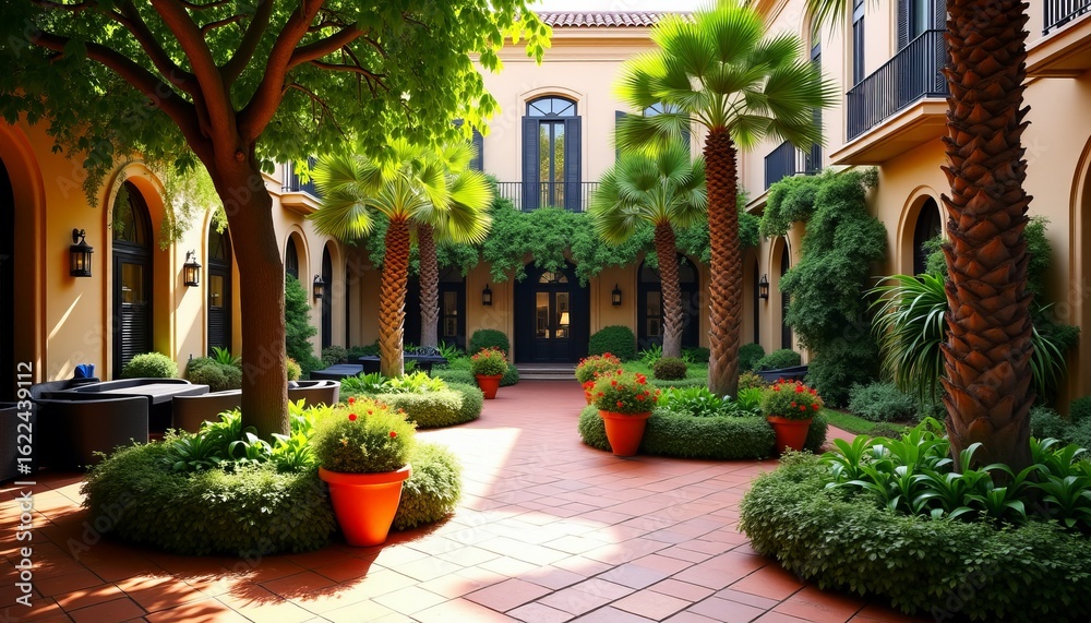 Fototapeta premium Picturesque European Courtyard Sun-Drenched Terracotta Tiles Lush Greenery and Colorful Flowers A Tranquil Oasis