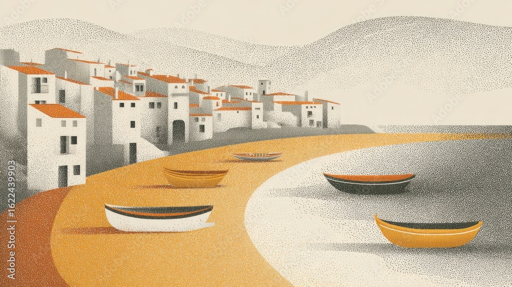 Fototapeta premium Coastal town scene with boats on the beach.