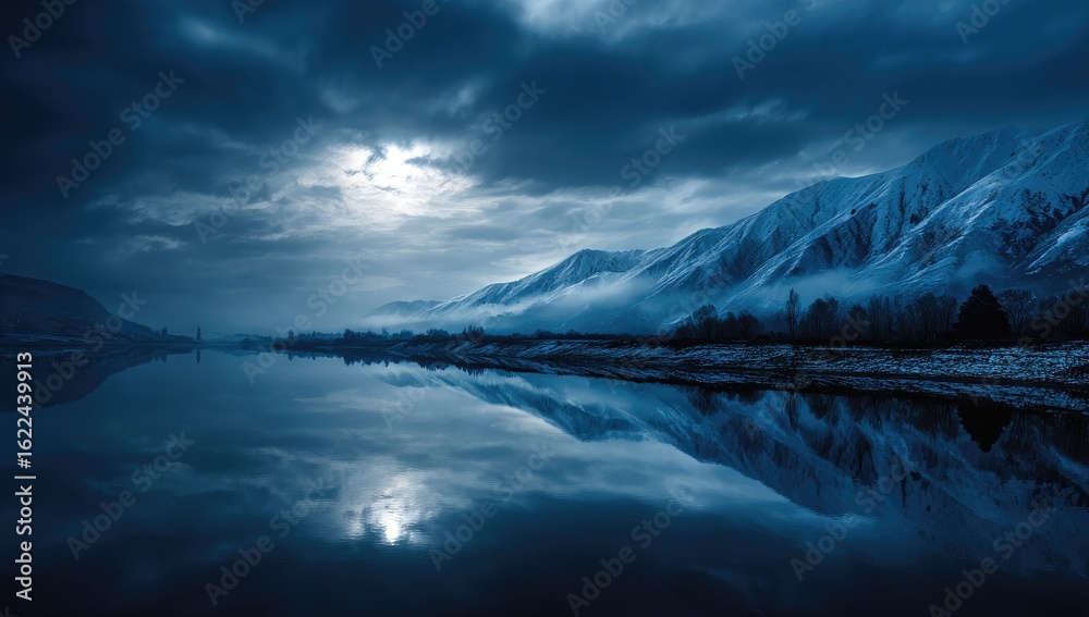 Naklejka premium Silent, moonlit winter landscape; snow-capped mountains mirrored on a still lake