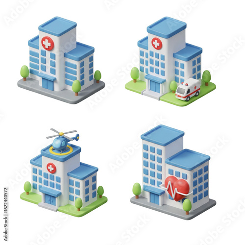 Collection of cartoon hospitals with medical icons and vehicles