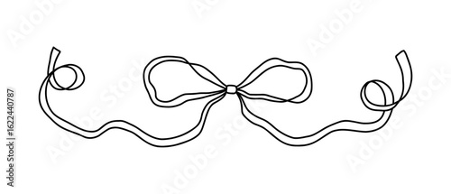 Cute whimsical bow ribbon with flowing loops and curled ends. Coquette and girly style, perfect for feminine designs, scrapbooking, packaging, invitations, and aesthetic branding. Vector illustration