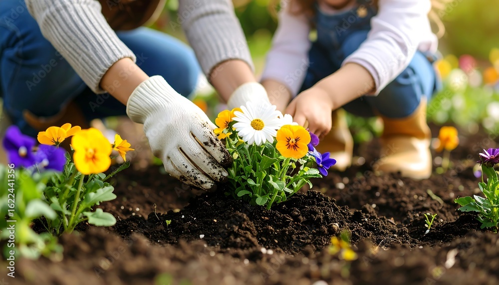 Fototapeta premium Close-up of Children Planting Flowers in a Garden