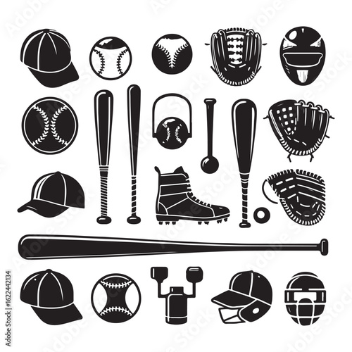 Baseball Sport Equipment Collection Vector Silhouette Set