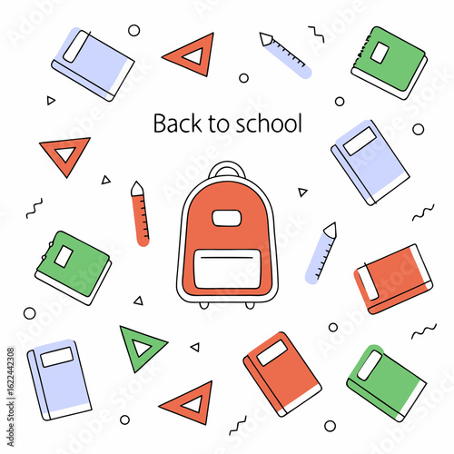 Flat vector illustration of back to school theme with orange backpack, books, pencils and geometric tools scattered on white background
