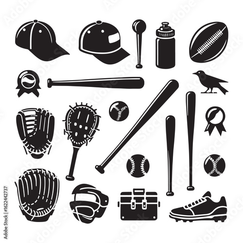 Baseball Sport Equipment Collection Vector Silhouette Set