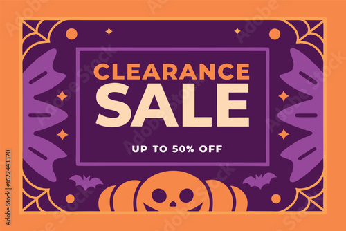 Halloween clearance sale announcement with pumpkin and bats