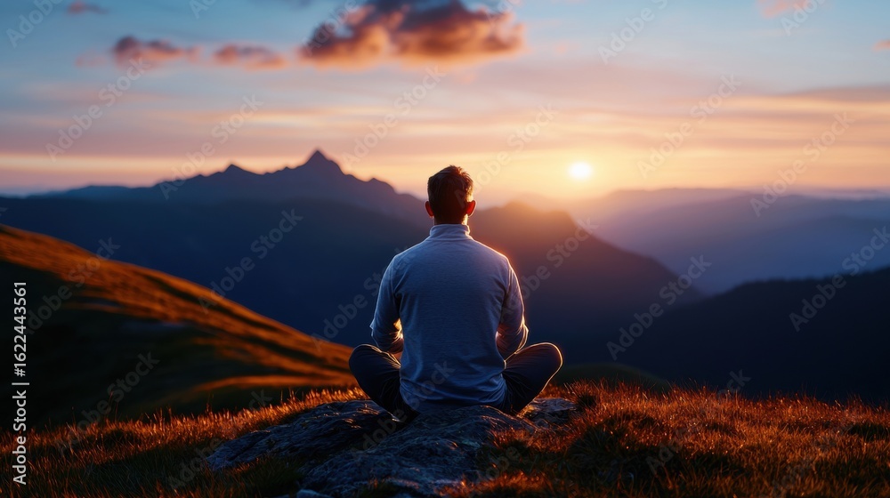 Obraz premium Serene meditation at sunset in mountainous landscape
