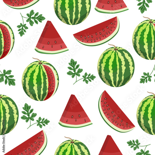 Seamless pattern of juicy watermelons, sliced, sliced,watermelon leaves on a white background.Vector pattern for textiles and packaging.